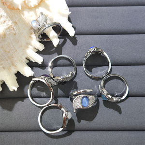 天然宝石リングオーバルカボションアクアマリンブルームーンストーンキヤナイトシルバーメッキ調整可能リング工場直販 - Product Image 3