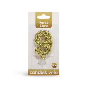 Bougie d'anniversaire en cire de paraffine non parfumée avec paillettes dorées de 6 cm pour la fête du 9 - Product Image 3