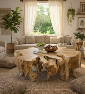 Table basse unique en racine de teck avec base sculpturale à grain naturel et plateau en verre transparent pour des intérieurs modernes et élégants - Product Image 4