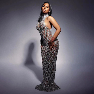 Elegante See Through Mesh strass <span class=keywords><strong>laurea</strong></span> compleanno festa di nozze abiti da ballo <span class=keywords><strong>donna</strong></span> formale Prom <span class=keywords><strong>abito</strong></span> lungo Club <span class=keywords><strong>abito</strong></span> da sera - Product Image 3