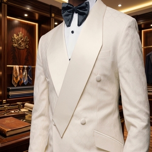 Özel Yapım Krem Rengi Jakarlı Kruvaze Sivri Yaka Smokin Ceket, Erkek Lüks Düğün Yemeği Takım Elbise Blazer'ı - Product Image 6