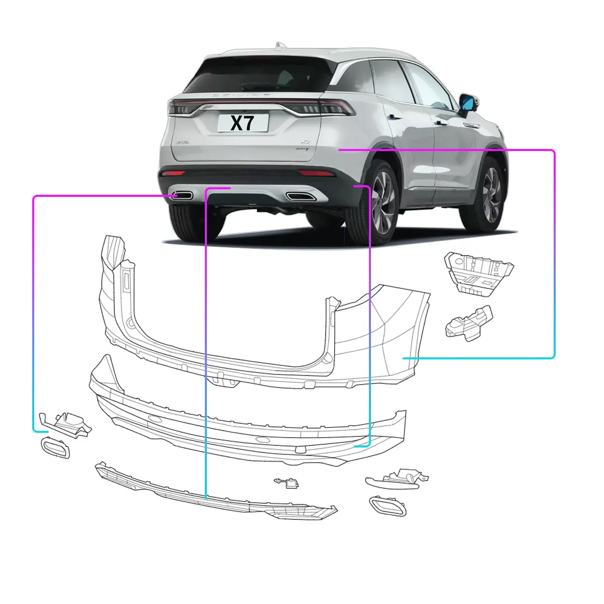 Para BAIC old X7 montagem do amortecedor traseiro defletores de pele superior e inferior luzes traseiras suportes de tubo de escape capas decorativas