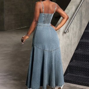 Vestidos de mezclilla elegantes de longitud media con cuello halter y un solo botón para mujer - Product Image 5