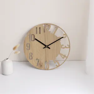 Reloj de pared redondo de madera MDF, colgante de pared de cuarzo con batería