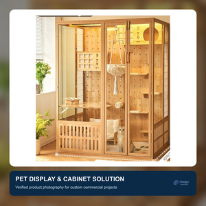 Nueva llegada: Villa de lujo ecológica para gatos de vidrio y madera con luz <span class=keywords><strong>LED</strong></span>, múltiples funciones, rascador y cafetería para mascotas. - Product Image 1