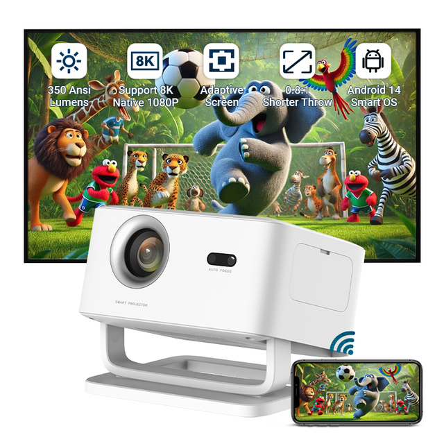 Smart Portable Mini Android 14 Projector Native 1080P Auto Focus WiFi6 BT5.4 Video Projector for Home Use
