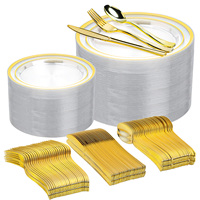 Articles de fête PS Premium en gros : Assiettes rondes à bord doré, fourchettes, cuillères, gobelets, serviettes en plastique, couleur personnalisée pour la décoration d'événements