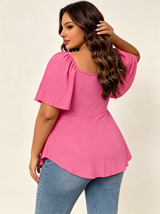 Blusa de talla grande para mujer con diseño retorcido frontal, mangas con volantes, cuello en V calado y peplum tipo túnica - Product Image 3