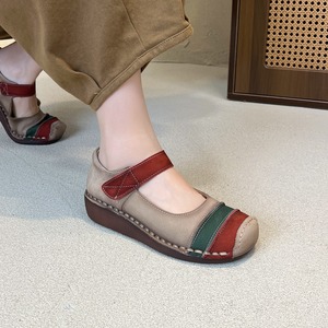 รองเท้าหนังวัวแบบมีชั้น ลายรุ้งตัดกัน รองเท้าส้นเตี้ยแบบแพลตฟอร์ม รองเท้าผู้หญิงหนังแท้ รองเท้าผู้หญิงหัวกลม - Product Image 3