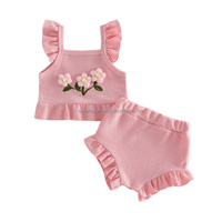 Ensemble de vêtements d'été doux pour bébés et tout-petits, brodé floral, en tissu gaufré, faible MOQ, personnalisable en usine, comprenant un haut et un pantalon bouffant pour filles