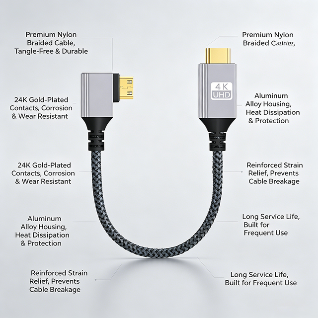 Low Profile  Adapter 4K UHD Mini  to  Female Adapter Cable 90 Degree Right Angle Braided 24K Gold Plated for Camera