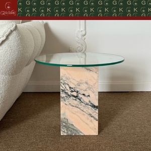 Mesa Auxiliar para Sala de Estar o Dormitorio GOLDKING, Base de Mármol Rosa Gris, Tapa Redonda de Vidrio, OEM ODM, Directo de Fábrica - Product Image 6