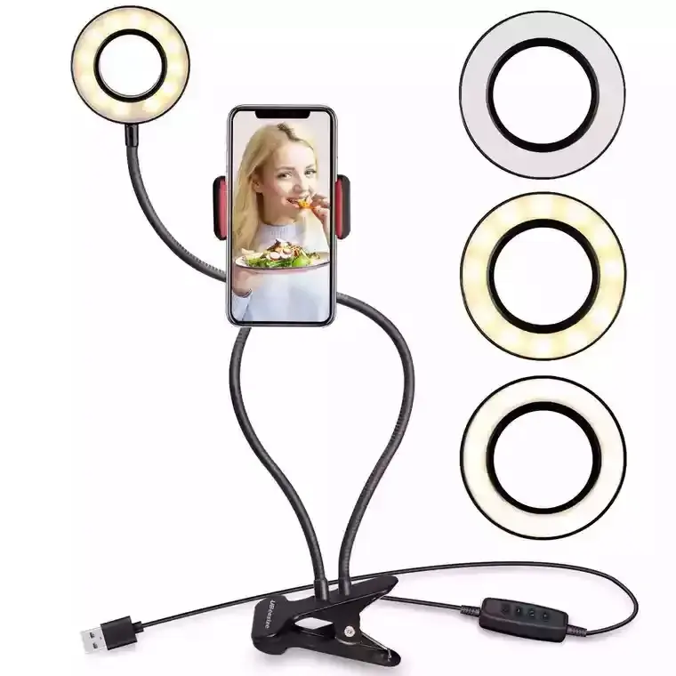 Светодиодный круглый светильник 2-в-1 для прямой трансляции, светильник для макияжа, держатель для мобильного телефона, регулируемый светильник с зажимом для селфи, высокое качество