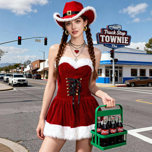 Disfraz Navideño Rojo de Felpa con Sombrero de Vaquero, Atuendo Sexy de Santa Claus para Cosplay y Juego de Roles, Invierno 2025 - Product Image 3