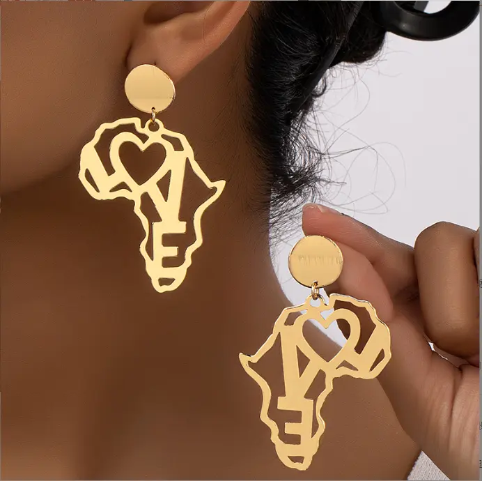 Nouveau à la mode afrique carte lettre alphabet amour portrait boucles d'oreilles pour femmes bijoux cadeaux