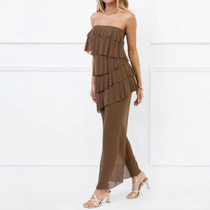 <span class=keywords><strong>Vestido</strong></span> largo irregular de malla con volantes y diseño de patchwork, ajustado, sexy, estilo top tubo para mujer - Product Image 2