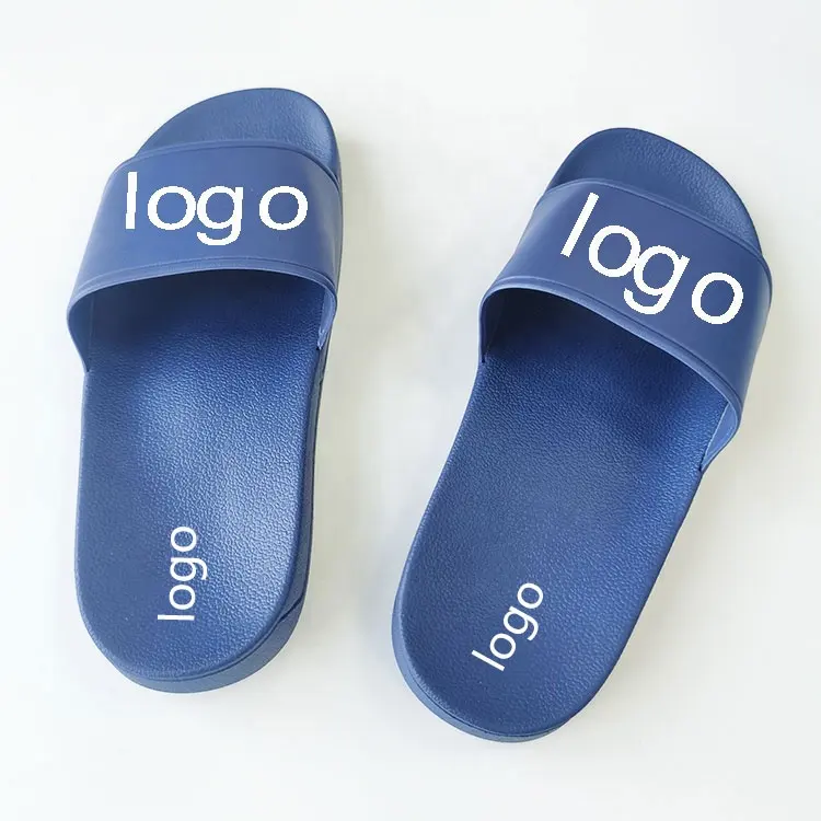 2023 Summer Canada Wholesale High Quality Men Cheap Soft Flat Indoor PVC PU Slippers Navy Blue Slides Slippers With Logo