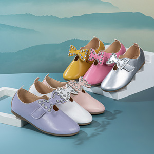 Children's <b>Shoes</b> Girls Leather Bow Tie Soft Soles Princess <b>Shoes</b> <b>Hook</b> and Loop Fasteners Fashion Point Head Dress <b>Shoe</b> - Product Image 1