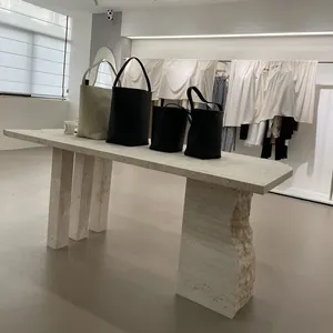 TONGYU Mesa de exibição em mármore natural, móveis em pedra, artesanato, travertino branco, mesa de jantar em forma truncada