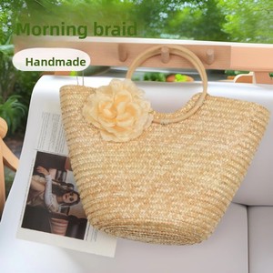 Alla moda e semplice borsa Tote fatta a mano in paglia con manico in tessuto a fiori borsa da spiaggia con chiusura a cerniera - Product Image 1