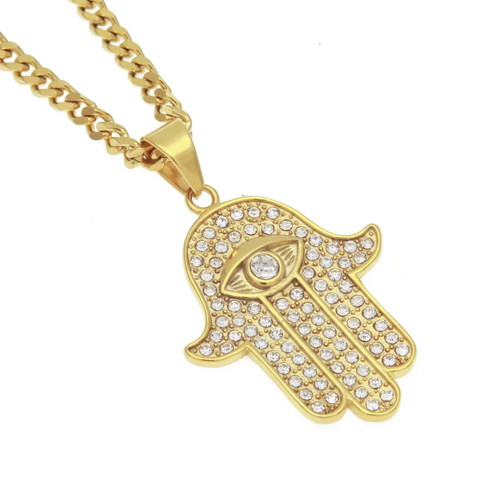 Dylam 2021 Hot Sell NO MOQ Hip Hop Chains Jewelry Stainless Steel 18K Gold Plated Cubic Zirconia Hamsa Hand Necklace