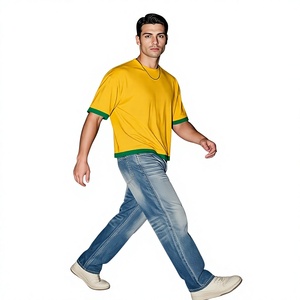 Camiseta Amarilla para Hombre con Ribete Verde, Manga Corta, Cuello Redondo, Corte Casual, 100% Algodón Tejido, Color Sólido, Largo Regular - Product Image 5