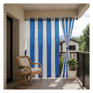 Stripe Outdoor Curtain 180 GSM Blue White HDPE Knitted Fabric with UV Resistant Breathable Weave for Stylish Patio Privacy - Product Image 1