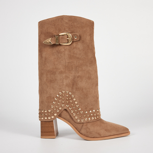 WETKISS Bottes de cow-girl punk à clous <span class=keywords><strong>pour</strong></span> femmes en gros, bottes à talons hauts mi-<span class=keywords><strong>mollet</strong></span>, bottes de cow-boy occidentales à revers avec rivets - Product Image 2