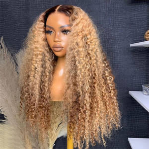 Listo para ir 100% Pelucas de cabello humano Rubio miel <span class=keywords><strong>Balayage</strong></span> <span class=keywords><strong>en</strong></span> marrón Pelucas de cabello humano rizado profundo Cierre Pre-Todo Peluca sin pegamento - Product Image 5