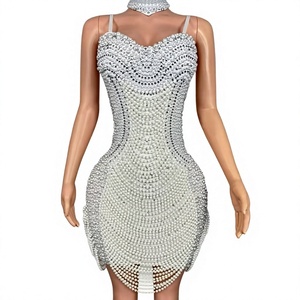 Abito a tubino in seta/cotone ultra-luccicante dorato con perle, sexy, per performance sul palco, sfilate, discoteche, ballerine Gogo e cantanti - Product Image 1