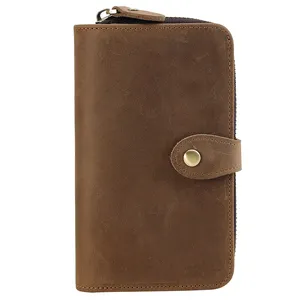 Bolsa longa de couro com zíper, carteira masculina feita em couro legítimo com detalhes personalizados, estilo crazy horse