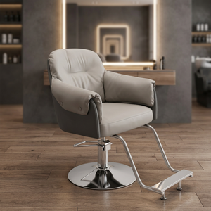 Sillón de Barbero de Cuero Crema, Hidráulico, Giratorio, con Reposapiés, para Salón de Belleza - Product Image 4