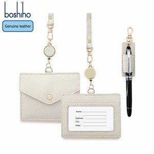 Boshiho Office Badge <b>Holder</b> with Pen Clip High Quality Real Leather Credit <b>ID</b> Card <b>Holder</b> with Stretch Neck Lanyard - Product Image 1