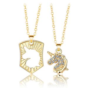 New Creative Gold Diamond Unicorn Couple Necklace Set Men Women Pendant Jewelry Silver Color BFF Clavicle <b>Chain</b> - Product Image 1