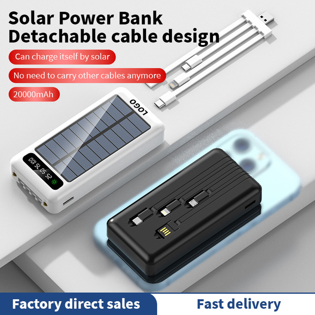 High Capacity 20000mah Solar Power Bank Detachable Built in 4 Cables Portable Power Bank With Digital Display