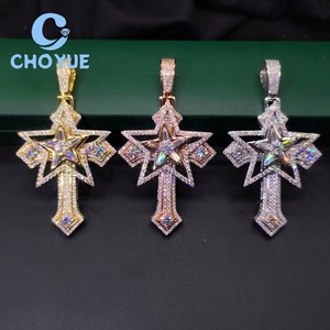 Factory Costom 925 Sterling <b>Silver</b> Luxury Star Cross Moissanite Men Pendant Hip Hop <b>Charm</b> for Men Pass Diamond Tester GRA - Product Image 3