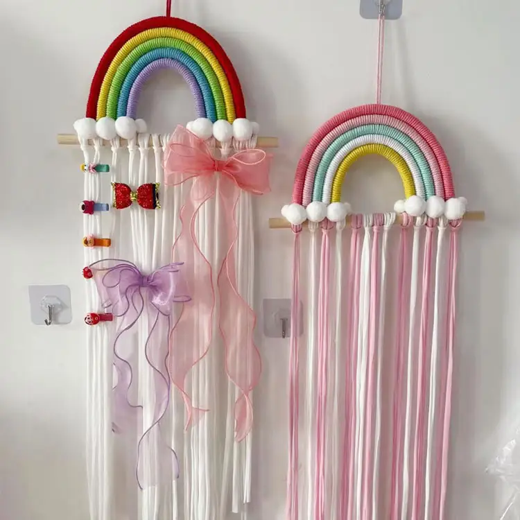 Rainbow Tassels Hair Bows Holder Hanging Kids Hair Accessories Storage Headband Holder Hair Clips Organizer Wall Hanger Decor