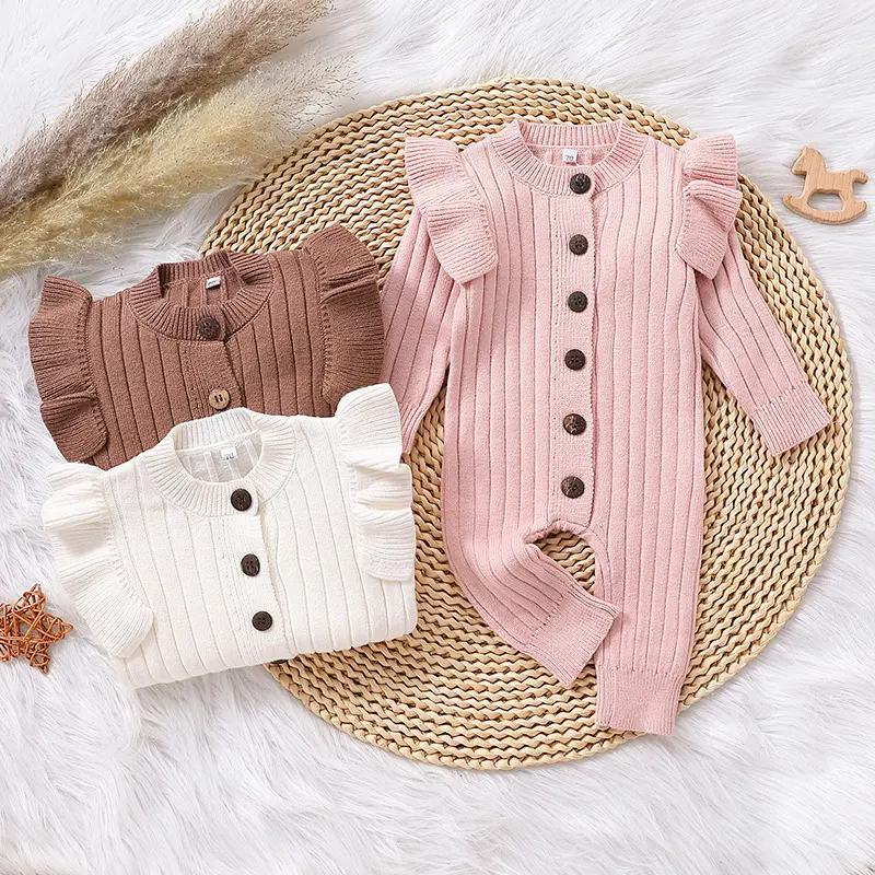 Infant Newborn Baby Girl Knitted Long Sleeve Ribbed Jumpsuit Fashion Solid Color Round Neck Button Long Romper