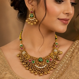 Traditional 925 <b>silver</b> <b>Necklace</b> <b>Set</b> With Green And Red Stones Ethnic Bridal Choker With Matching Earrings Women's Jewelry - Product Image 6