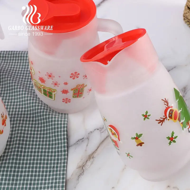 Noel baba baskılı büyük göbek 7 adet cam sürahi seti buzlu cam Drinkware seti özelleştirilmiş noel cam sürahi fincan seti