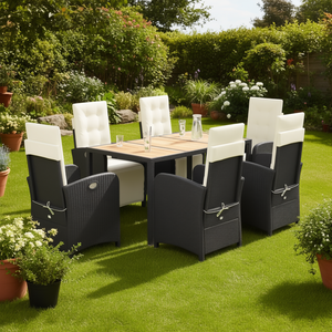 Set da Pranzo da Giardino Nero e Crema per 6 Persone, Mobili da Esterno in Rattan Resistenti alle Intemperie, Design Contemporaneo con Piano in Teak - Product Image 2