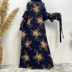 9071# Summer Spring Crew Neck Three Layers Tiered Sleeves Pretty Colorful Flowers Print Casual Dress Muslim Women Dress - Product Image 3