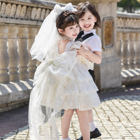 Ensemble de robes d'anniversaire pour enfants, nouveau style nature, longueur genou, en polyester (Terylène) avec nœuds et voiles décoratifs pour filles - Vente en gros