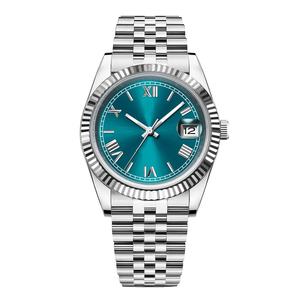 Reloj Mecánico con Esfera Turquesa, Reloj de Pulsera de Acero Inoxidable, Bisel Acanalado, Visualización de Fecha, Logotipo Personalizado para Hombre - Product Image 1