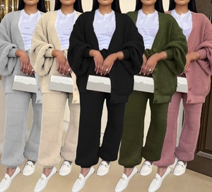 Viviblook Z1230ST06 Ensemble deux pièces pour femmes, tricot décontracté, pull décontracté, cardigan ample à col en V, haut, pantalon, taille plus - Product Image 1