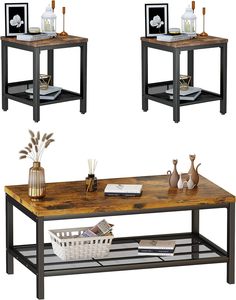 Nuovo <span class=keywords><strong>Set</strong></span> di 3 <span class=keywords><strong>Tavolini</strong></span> da Centro a <span class=keywords><strong>Due</strong></span> Ripiani, Stile Rustico Marrone, <span class=keywords><strong>Tavolini</strong></span> Rotondi Industriali per Soggiorno - Product Image 6
