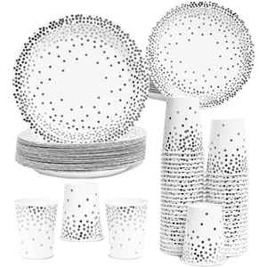 Assiettes jetables modernes en papier pour dîner et dessert, 150 pièces, 50 portions, fournitures de fête argentées pour mariages, anniversaires et autres événements - Product Image 1