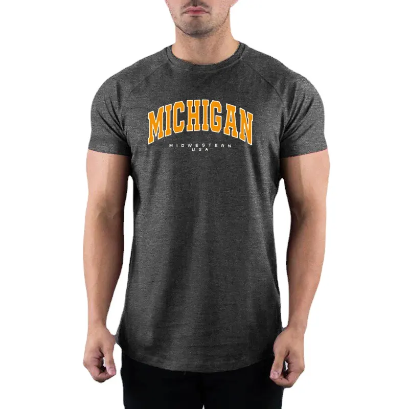 Camiseta de algodão para academia masculina, camiseta esportiva de corrida de manga curta para academia, moda de Michigan, EUA, estilo Midwest