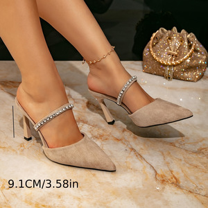 Mules à talons hauts style européen tendance, bout pointu, ouvertes, avec strass, pour femmes - Product Image 4