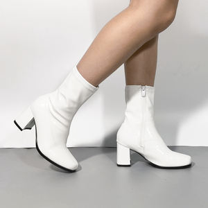 Chaussures en cuir PU de grande taille Bottes de cheville courtes de 7 cm à talons épais Bottes GOGO à talons hauts pour femmes à talons hauts de couleur personnalisée - Product Image 3